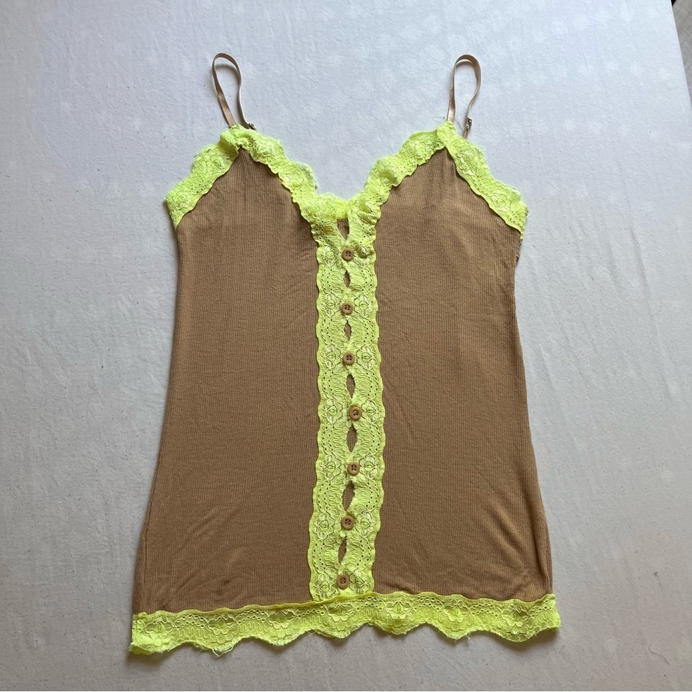 FARM RIO brown rib knit green lace‎ trim button up tank top